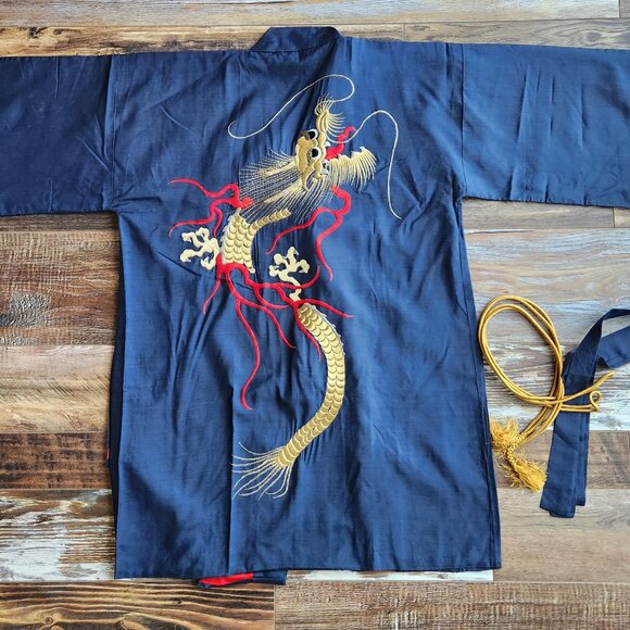 Japanese Dragon Embroidered Silk Kimono Robe Belt Blue Men's Made in Japan - Picture 1 of 12